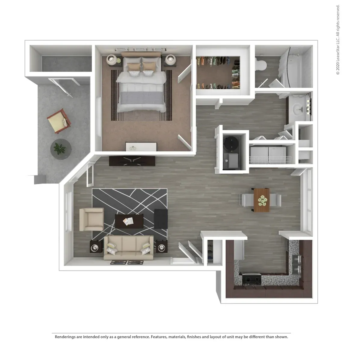 Floor plan: One-bedroom apartment layout, showing bedroom, living room, kitchen, bathroom, and balcony.