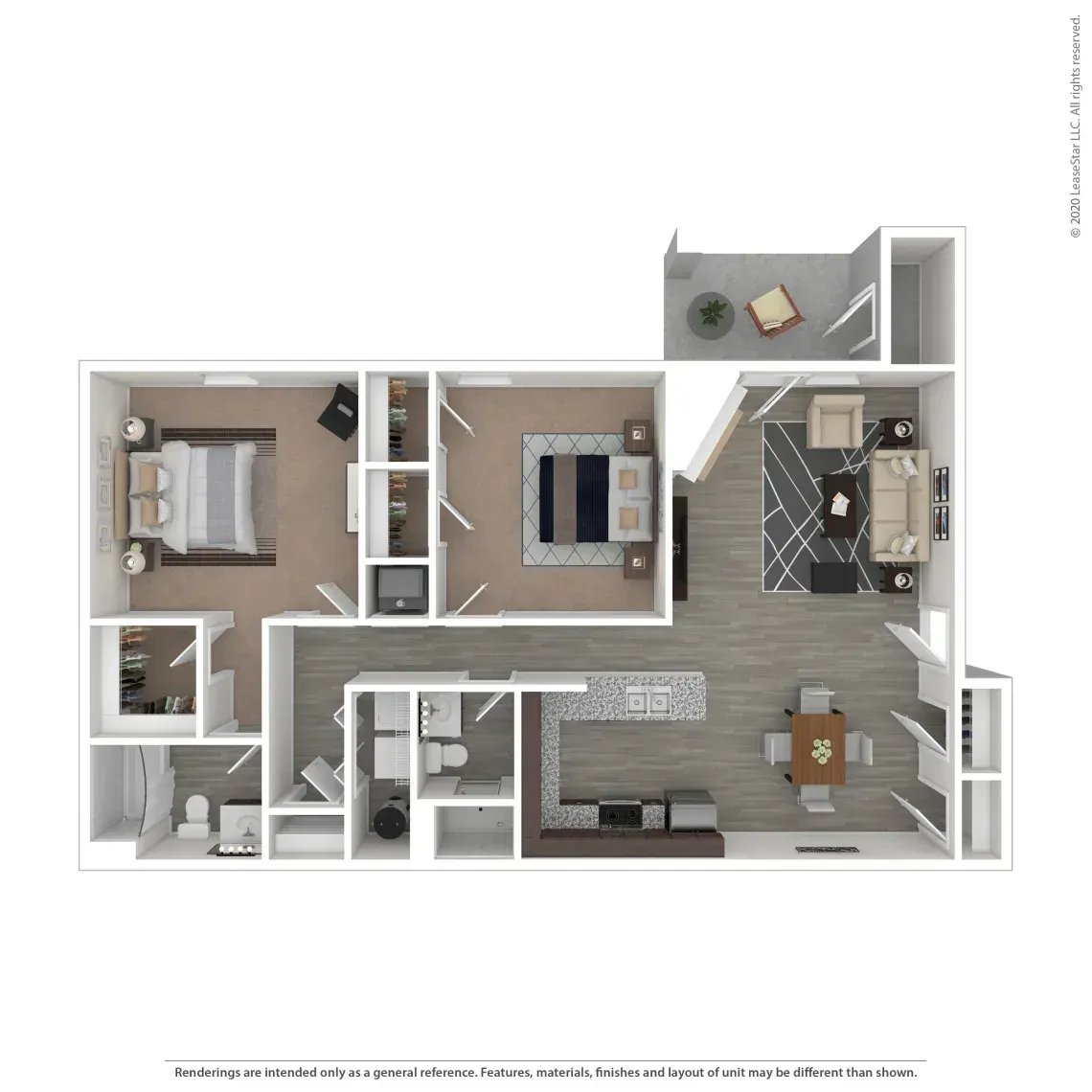 Floor plan: Two-bedroom apartment with living area, kitchen, and patio, featuring furniture layout.
