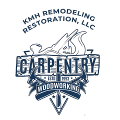 KMH Remodeling Restoration logo with navy and gold house roof icon