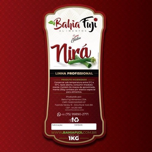 Um rótulo para um produto chamado bahia fuji nira em um fundo vermelho.