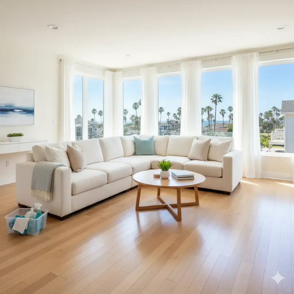 Spacious living room with a beige sectional, light wood floors, and large windows overlooking a beach view.