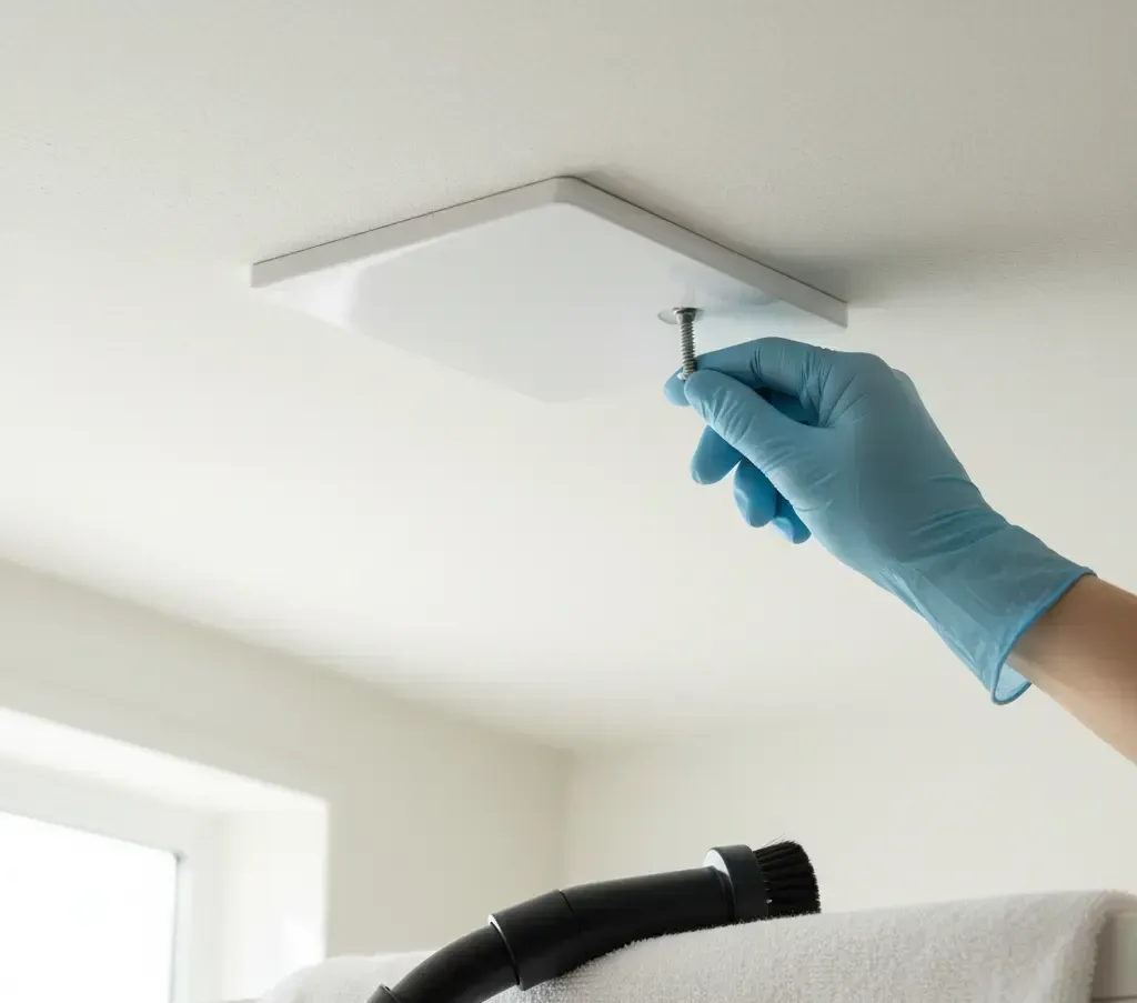 A hand unscrewing a clean bathroom exhaust fan cover for vacuuming, demonstrating maintenance of a blind spot for mold prevention.