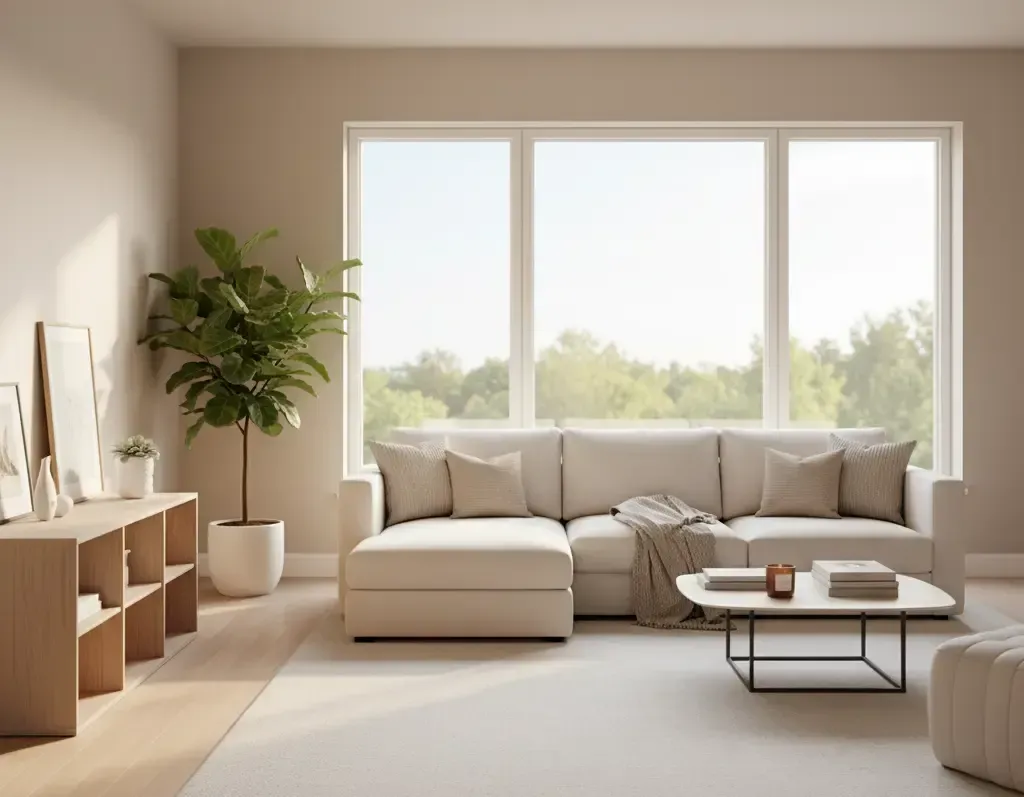 Neutral-toned living room with large windows. Beige sectional sofa, wooden console, and potted plant sit on a light rug.