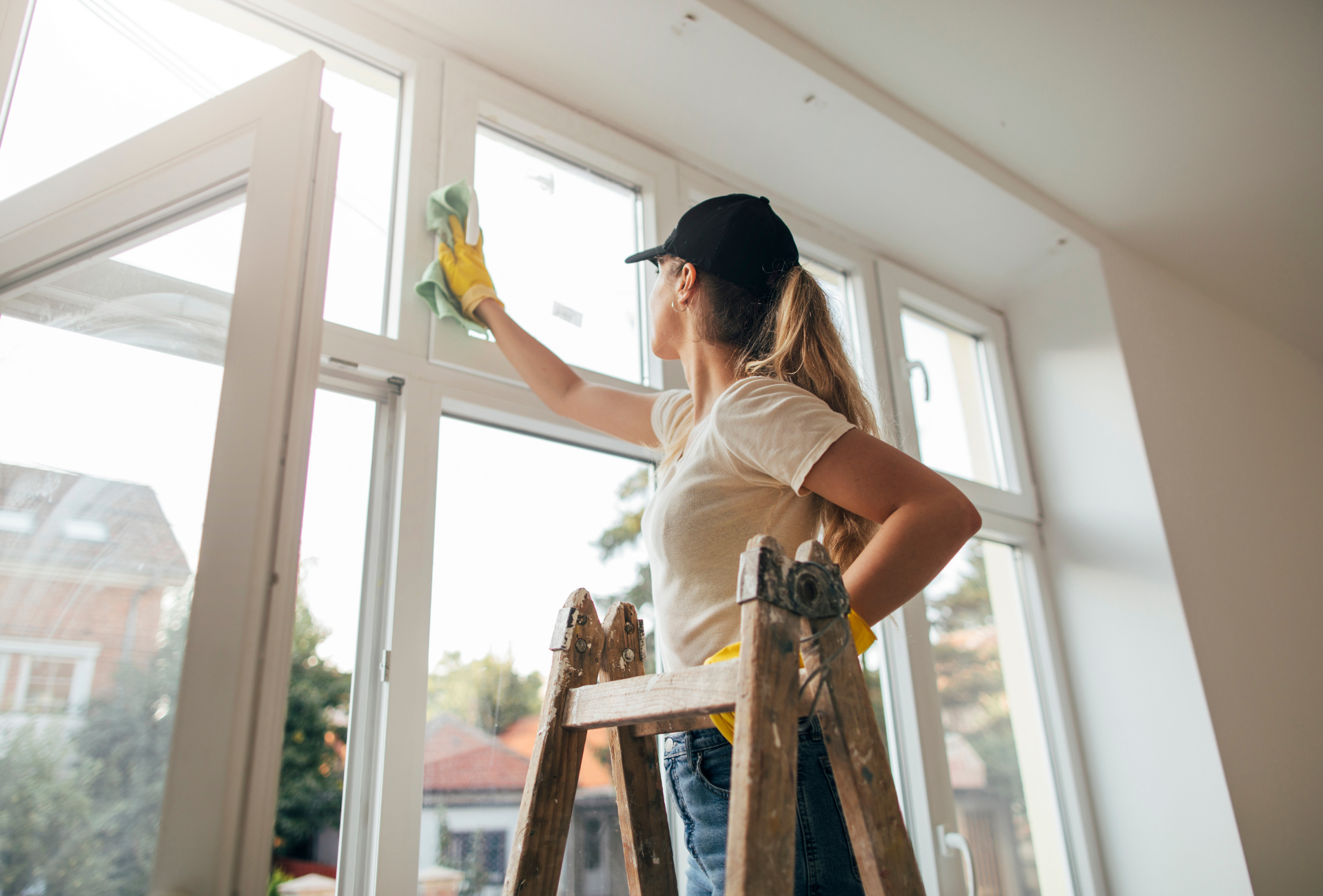 A person is cleaning a couch with a vacuum cleaner.