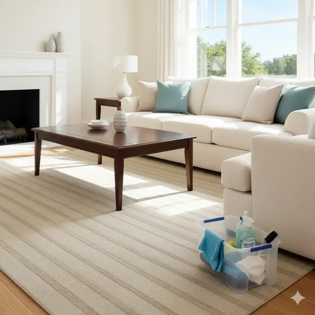 Cozy living room with white couch, coffee table, rug, and cleaning supplies in a bin.