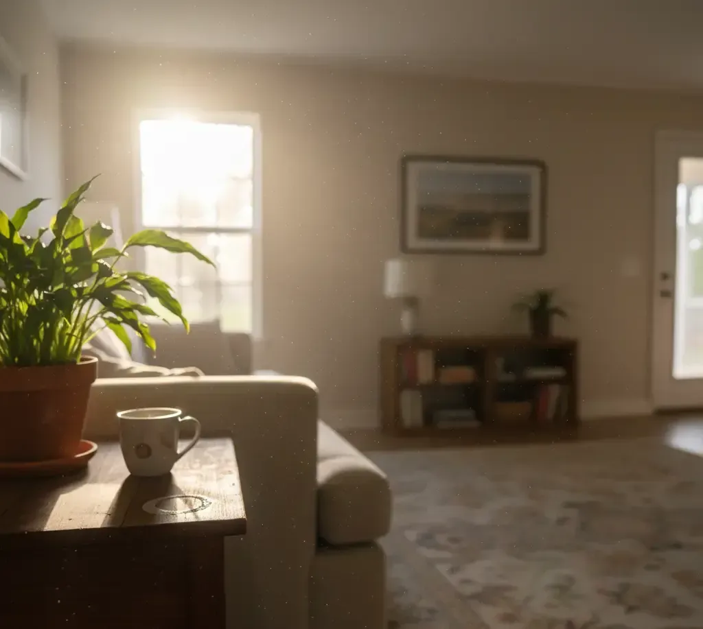 Living room with sunlight streaming through a window; sofa, plant, coffee mug, and side table in the foreground.