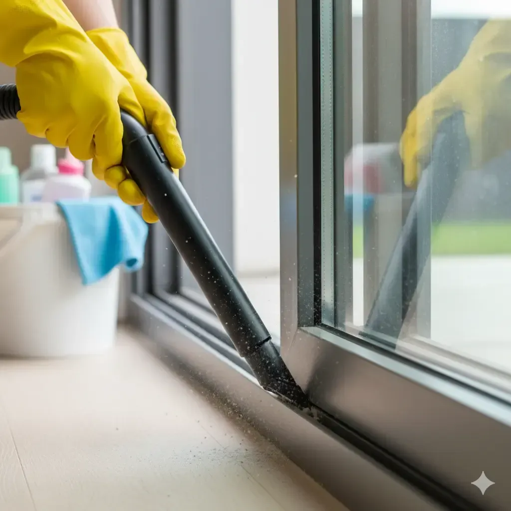 Person wearing yellow gloves vacuums a sliding door track, cleaning. A bucket and cleaning supplies are visible.