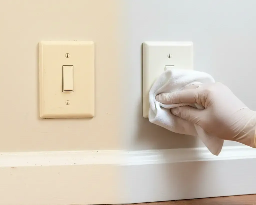 Split image contrasting a dusty light switch and baseboard