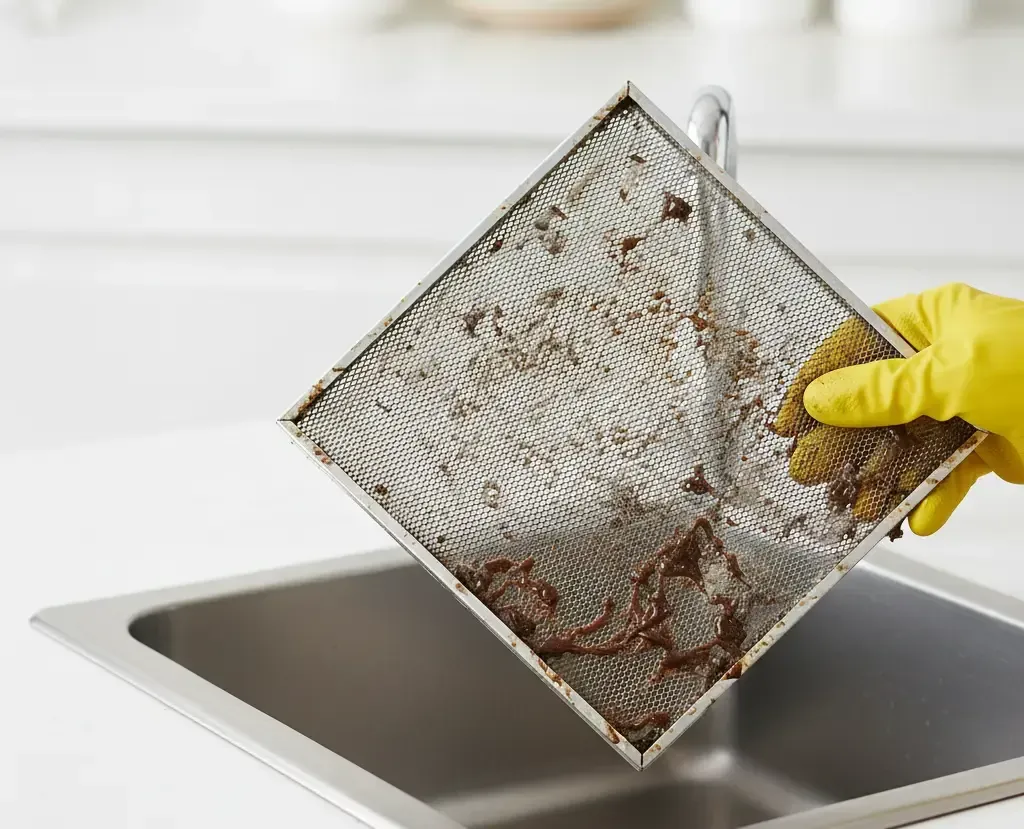 Close-up of a greasy range hood filter being removed for cleaning, illustrating a commonly overlooked kitchen crevice.