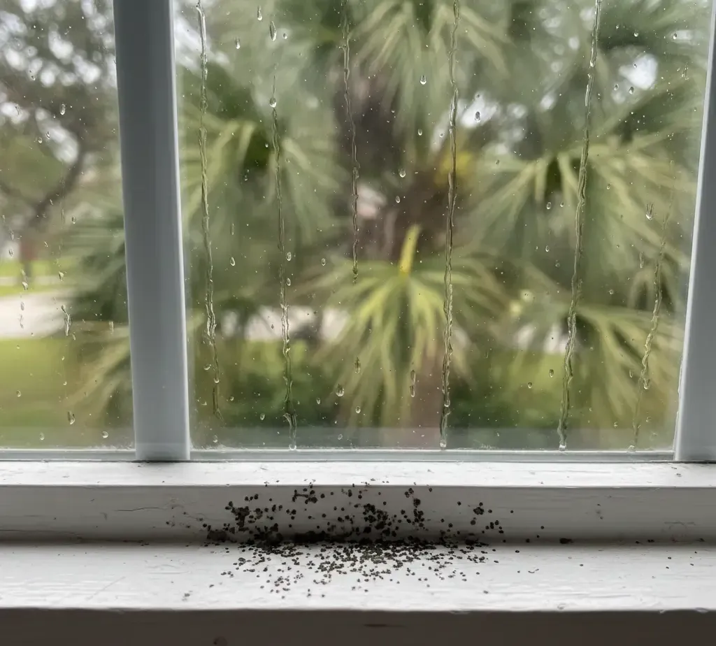 Rain-streaked window with a white sill covered in small, dark specks, likely insects. Outside, a blurred palm tree.
