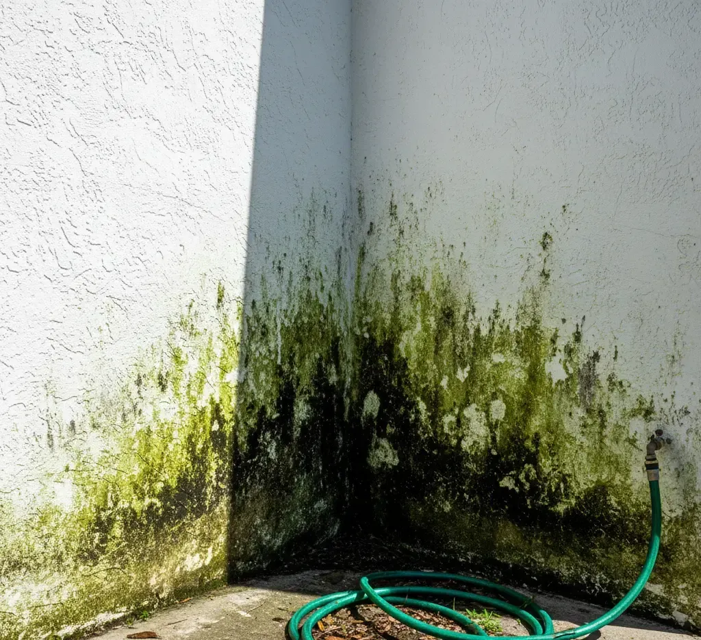 Green mold and algae growth on the corner of a white stucco wall, with a green garden hose visible.