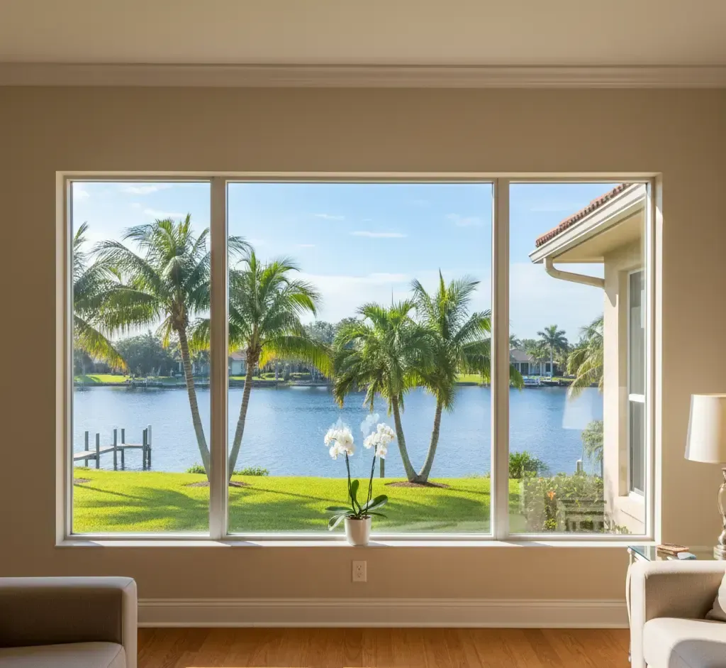 Large window overlooking a tropical scene of palm trees, water, and blue sky.