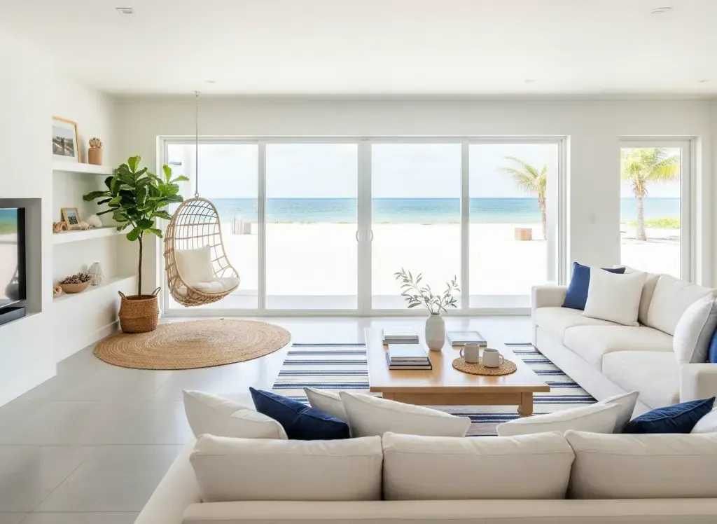 Coastal living room with ocean view, white sofas, blue accents, hanging chair, and large windows.