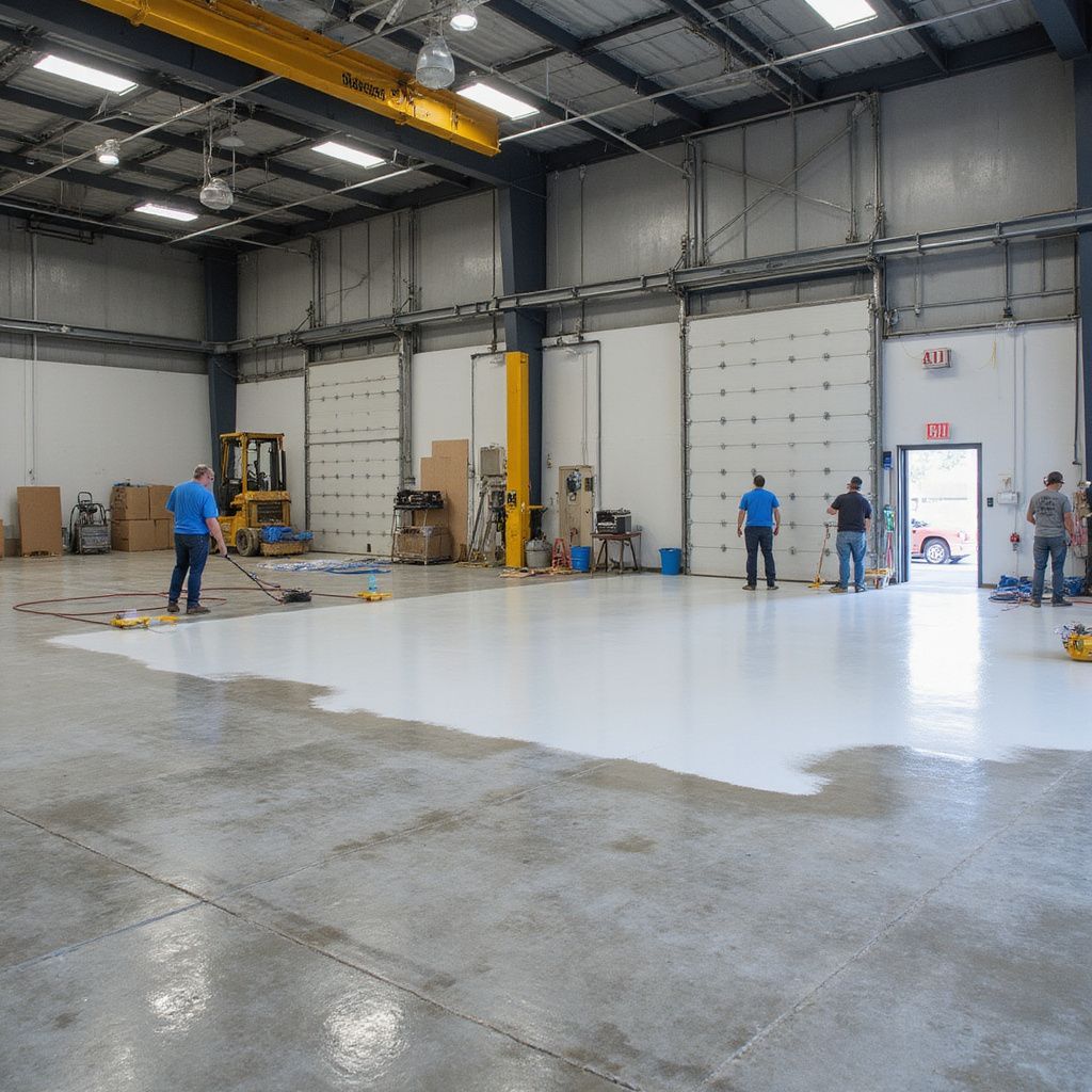 Interno del magazzino, operai che stendono la vernice bianca sul pavimento, macchinari e porte visibili.
