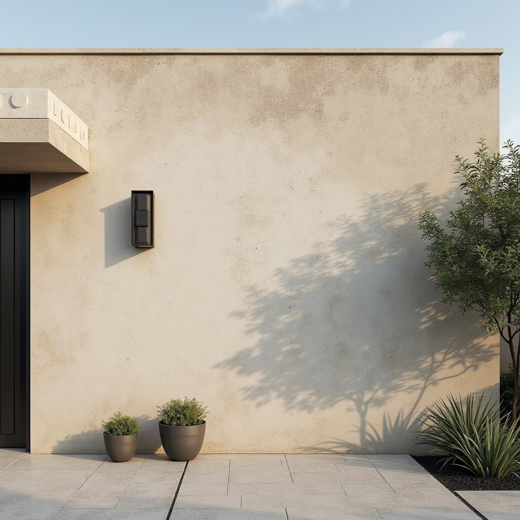 Esterno di un edificio moderno con una parete beige testurizzata, una porta nera, piante in vaso e un albero che proietta un'ombra.