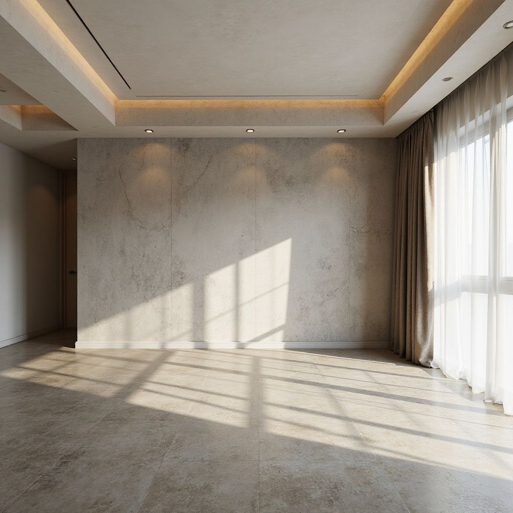 Stanza vuota con pareti di cemento, luce del sole che filtra attraverso una finestra con tenda trasparente e illuminazione da incasso.