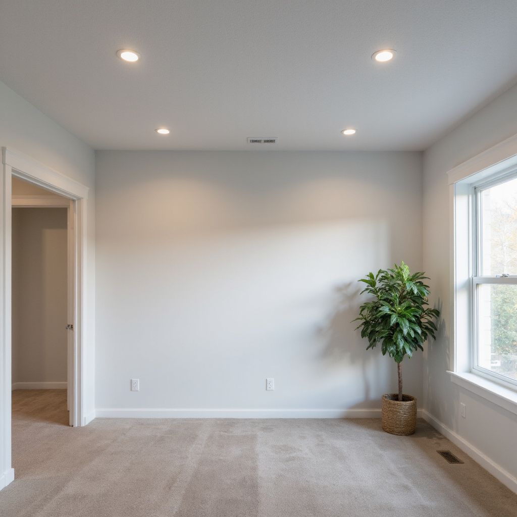 Stanza vuota con pareti grigio chiaro, moquette, finestra e una pianta in vaso.
