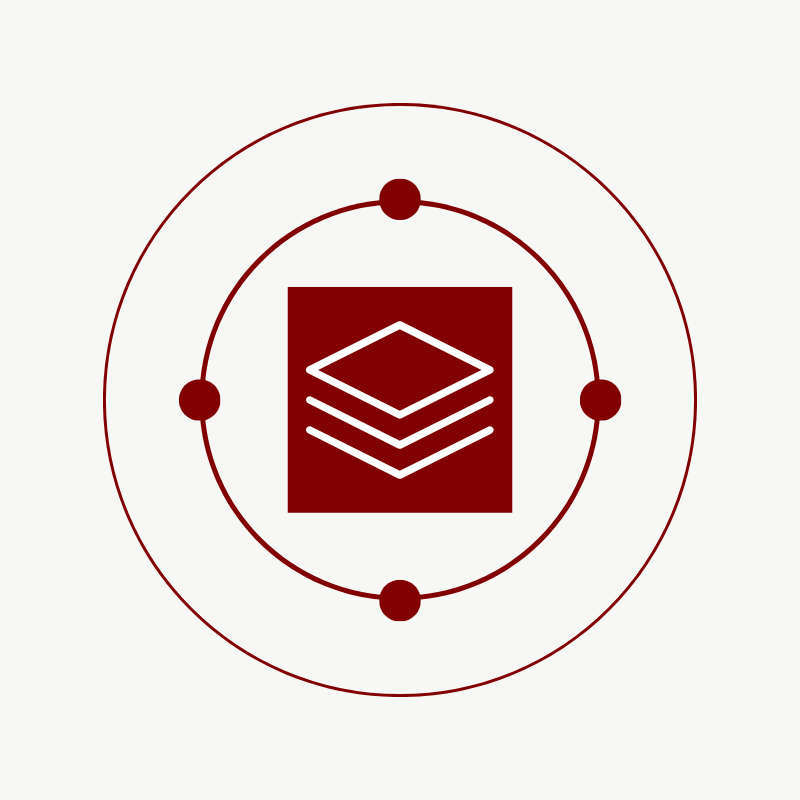 Maroon layers icon within a circle, four dots around the perimeter.