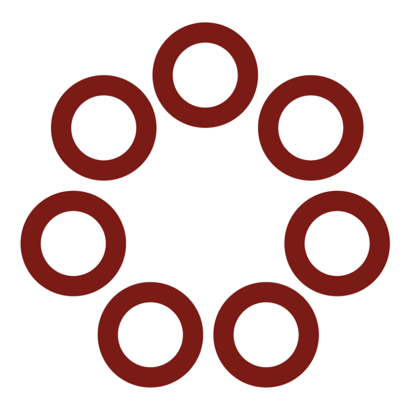 Seven reddish-brown circles arranged in a circular pattern.