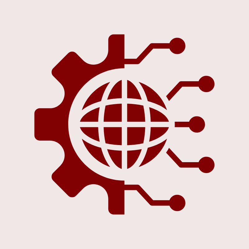 Red gear with a globe and circuit board elements.