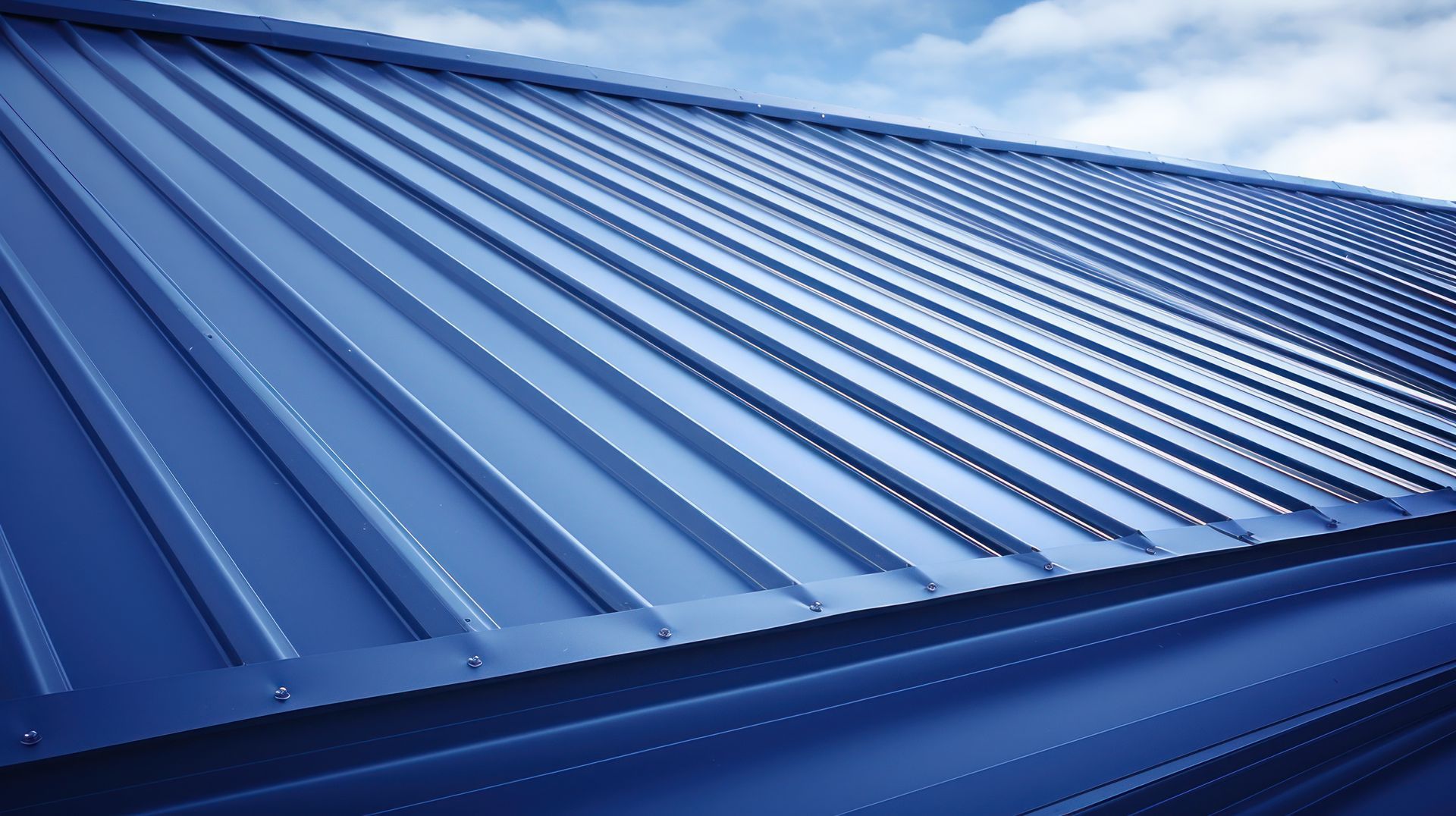 A blue metal sheet roof and sky.