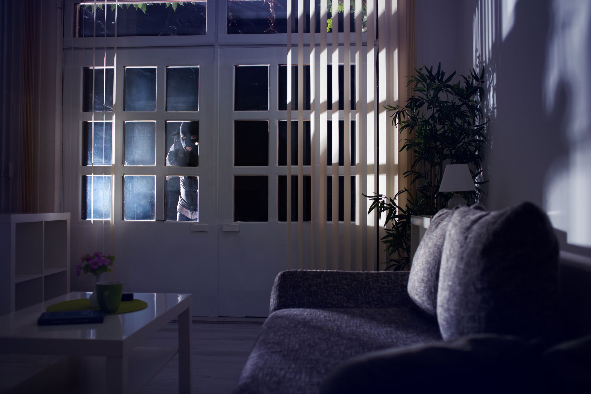 A burglar looking inside a dark house at night.