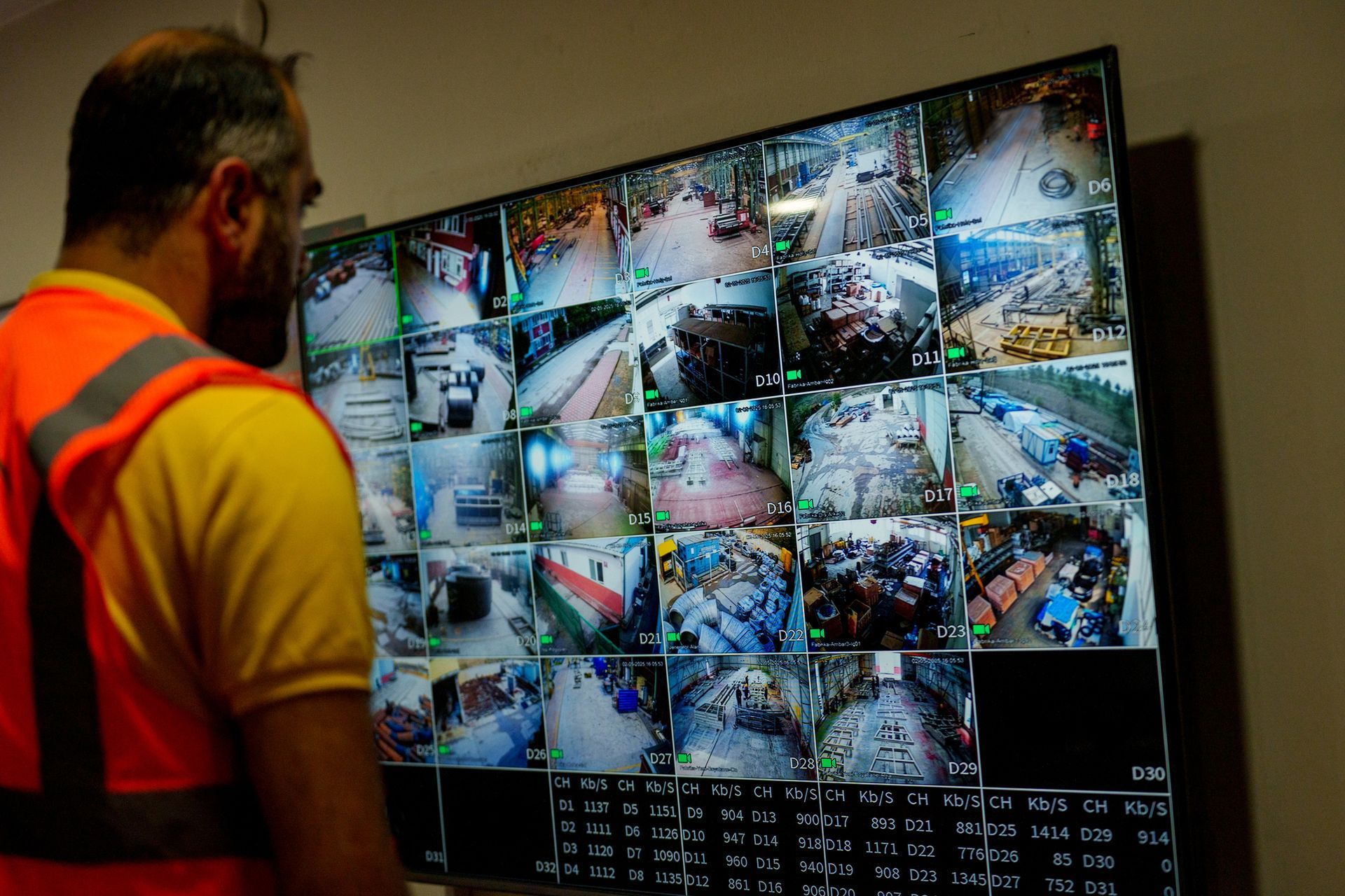 A man looking at surveillance footage on a huge screen in a security center.