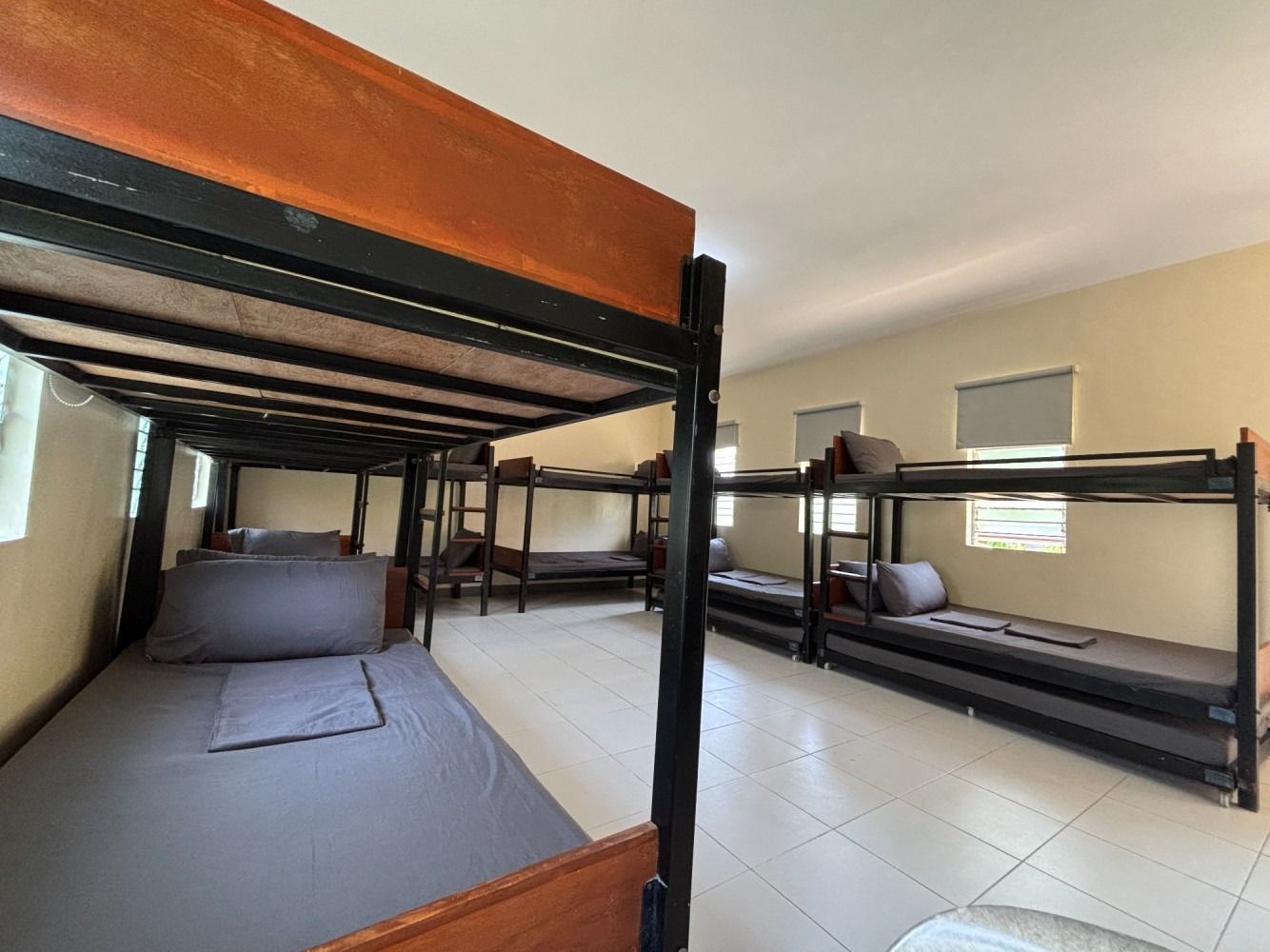 Bunk beds in a dorm room with gray linens and pillows. Off-white walls and floors.