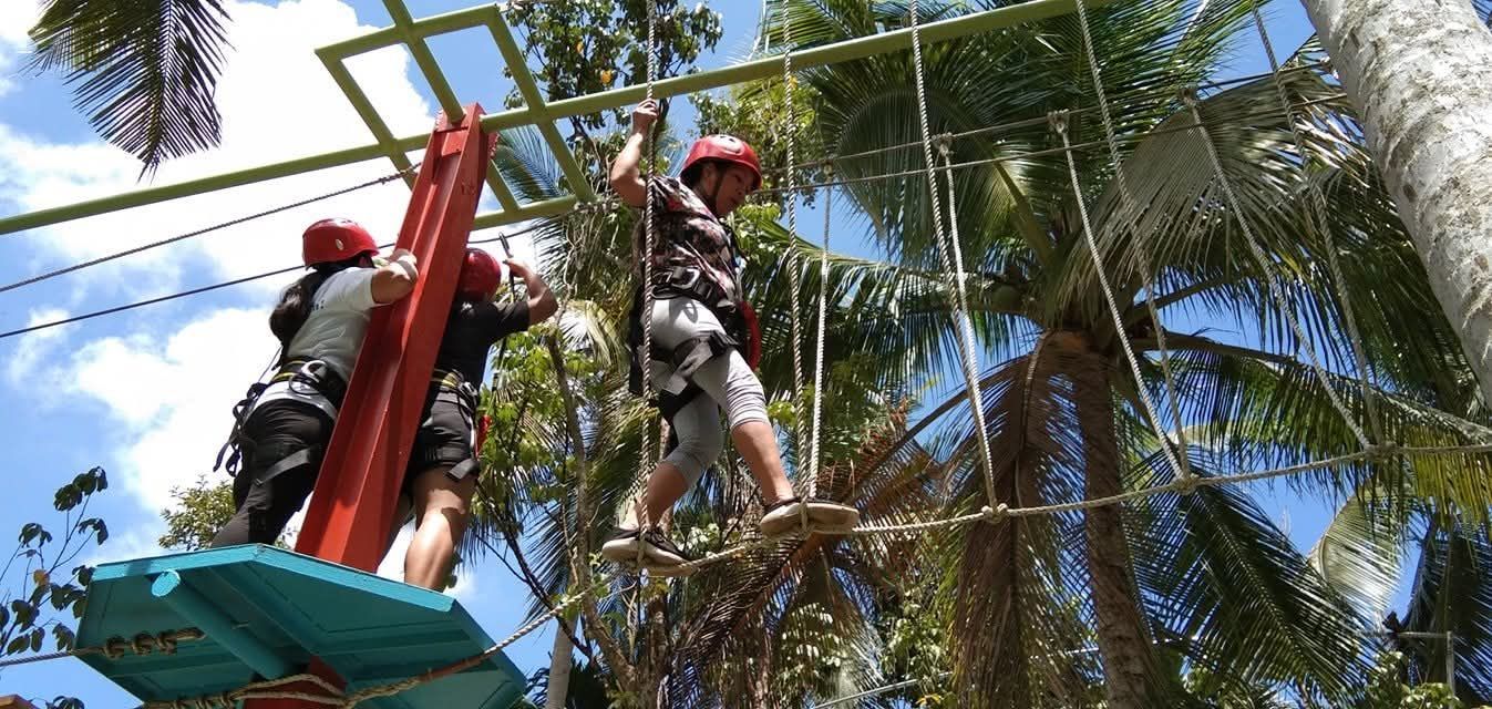People on an aerial adventure course: climbing, wearing helmets and harnesses in a tropical setting.