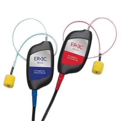 A pair of er-3c ear buds sitting next to each other