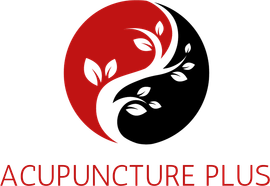 Acupuncture Plus logo with red and black yin-yang leaf design and text underneath