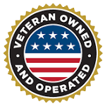 A veteran owned and operated seal with an american flag in the center.