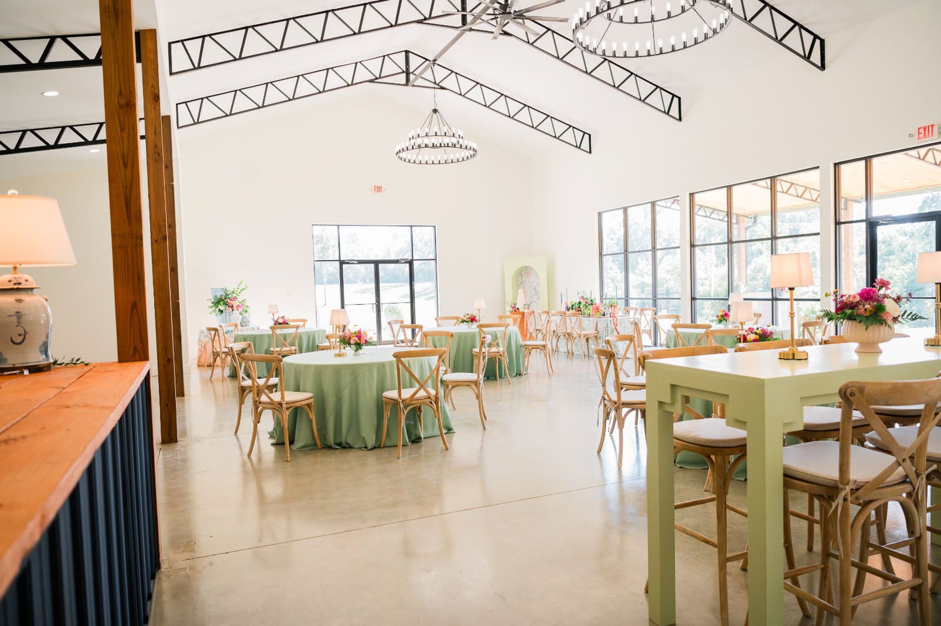 Wedding Reception area with tables the Barn at Baxter Farms