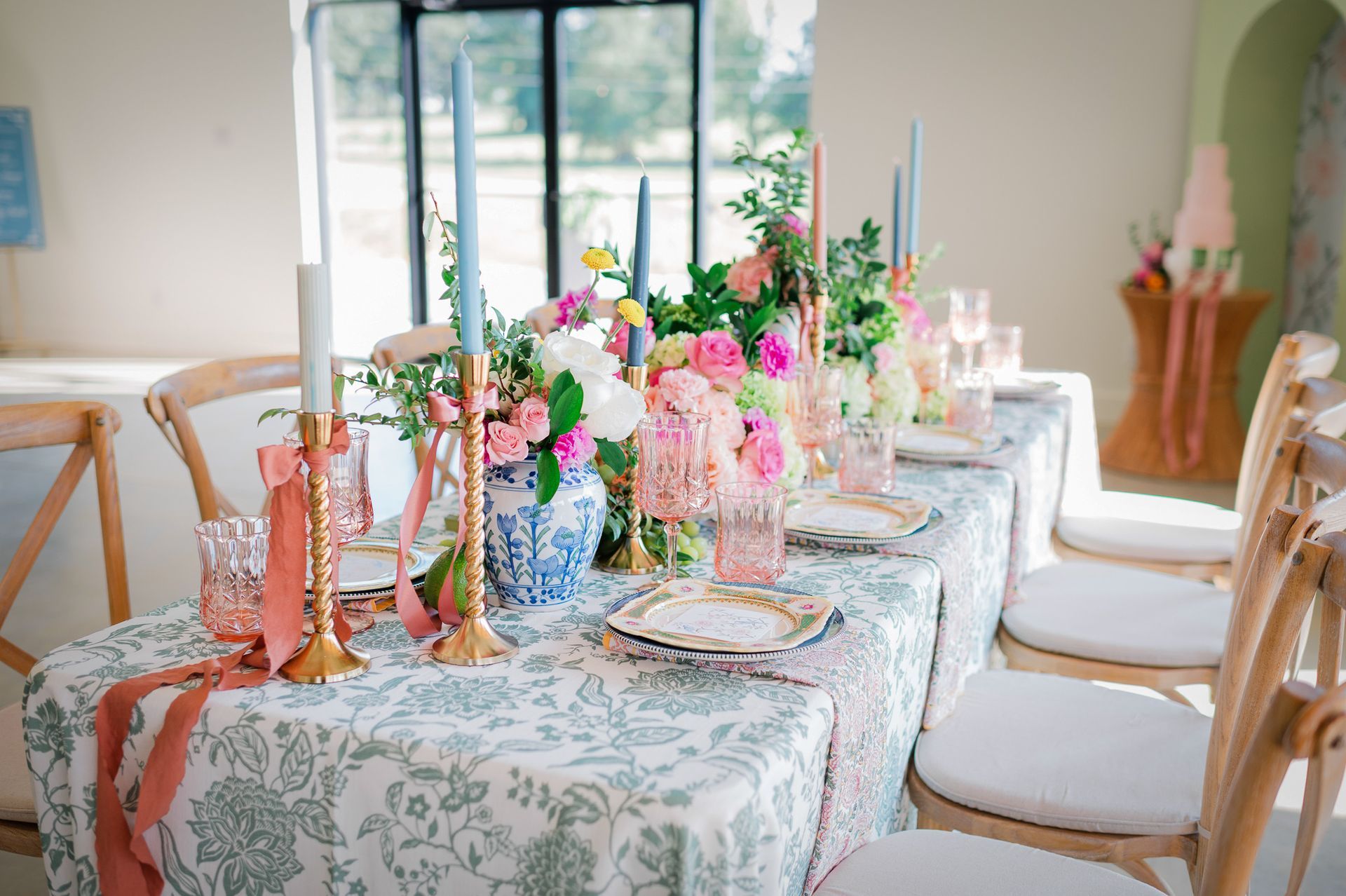 Decorated table for a wedding reception at the Barn at Baxter Farms