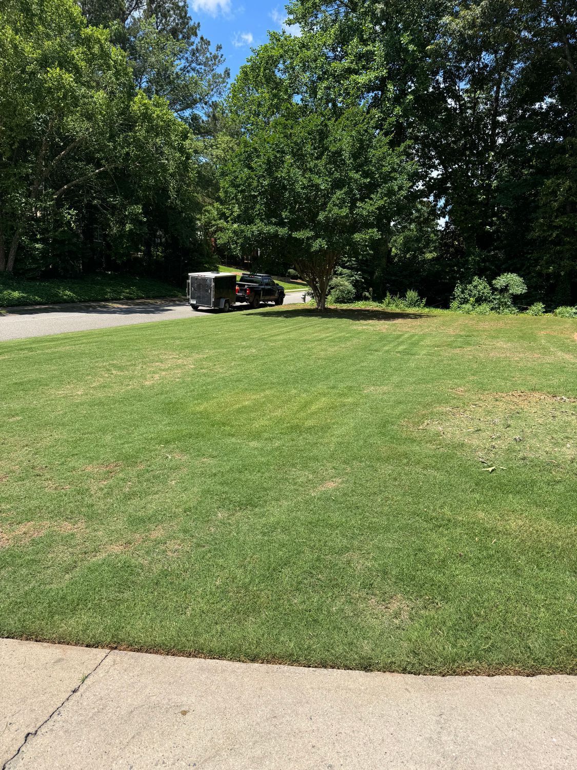 Lush green lawn with a vehicle and trailer parked near trees under a blue sky.