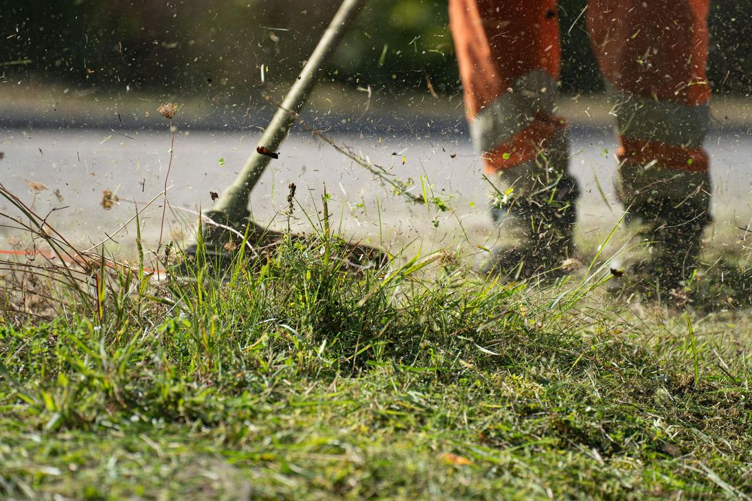 Person in orange work pants uses a weed wacker to trim grass near a road.