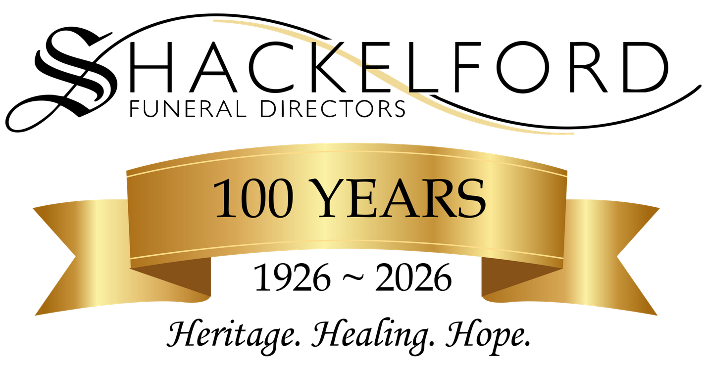 Shackelford Funeral Directors 100 years banner, 1926–2026, with “Heritage. Healing. Hope.”
