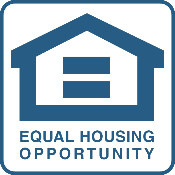 A blue and white logo for equal housing opportunity