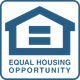 A blue and white logo for equal housing opportunity