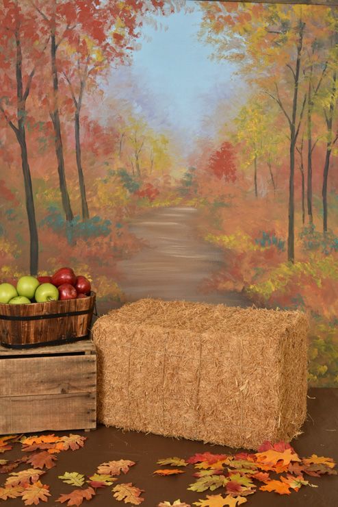 A bale of hay is sitting next to a basket of apples.