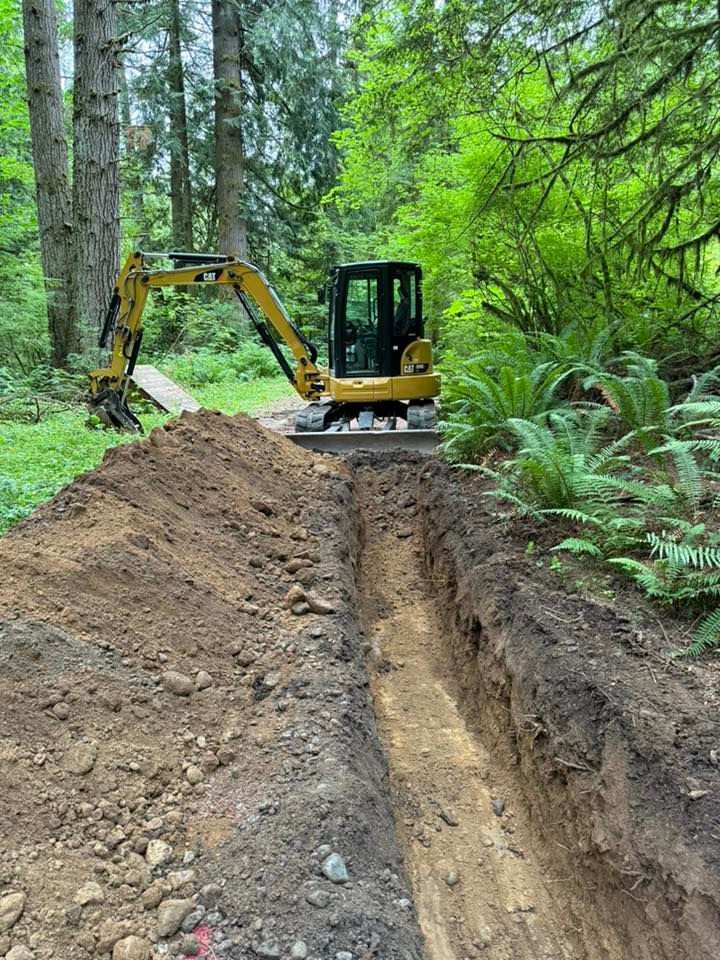 A yellow mini excavator sits at the end of a freshly dug dirt trench in a wooded area.