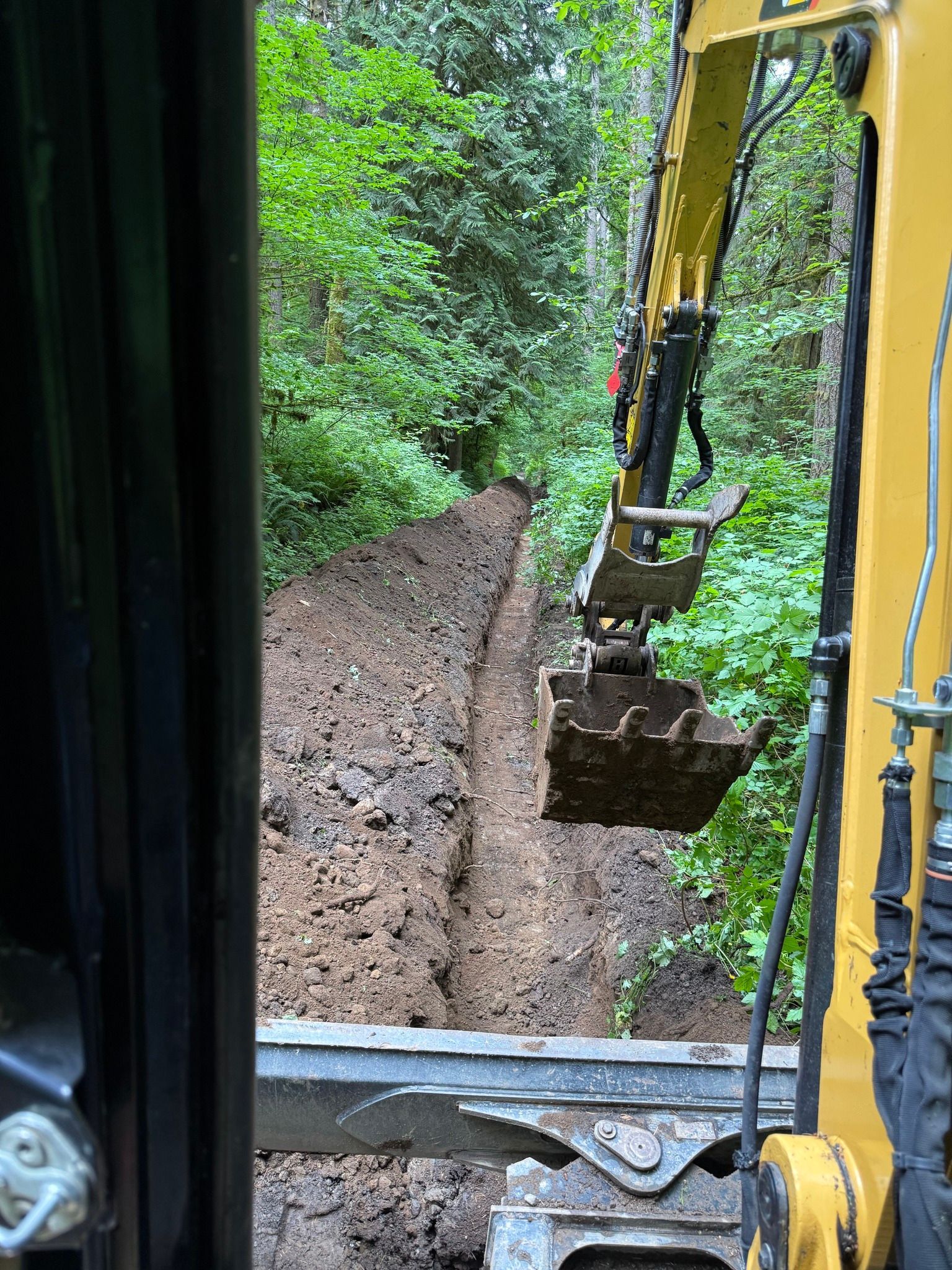 View from the cab of a yellow excavator digging a long, narrow trench through a wooded area.