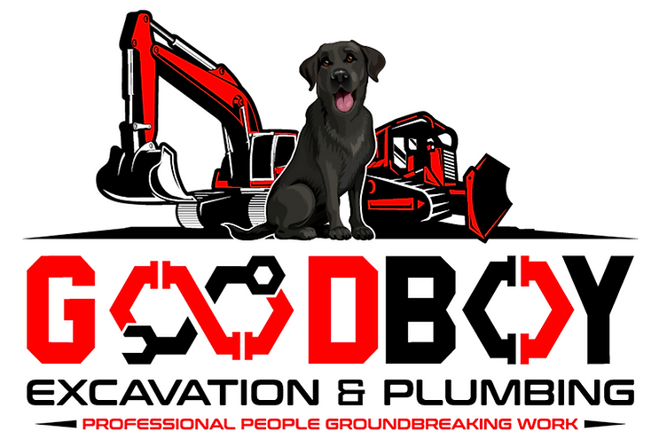 Logo for Goodboy Excavation & Plumbing featuring a black dog, an excavator, a bulldozer, and red and black text.