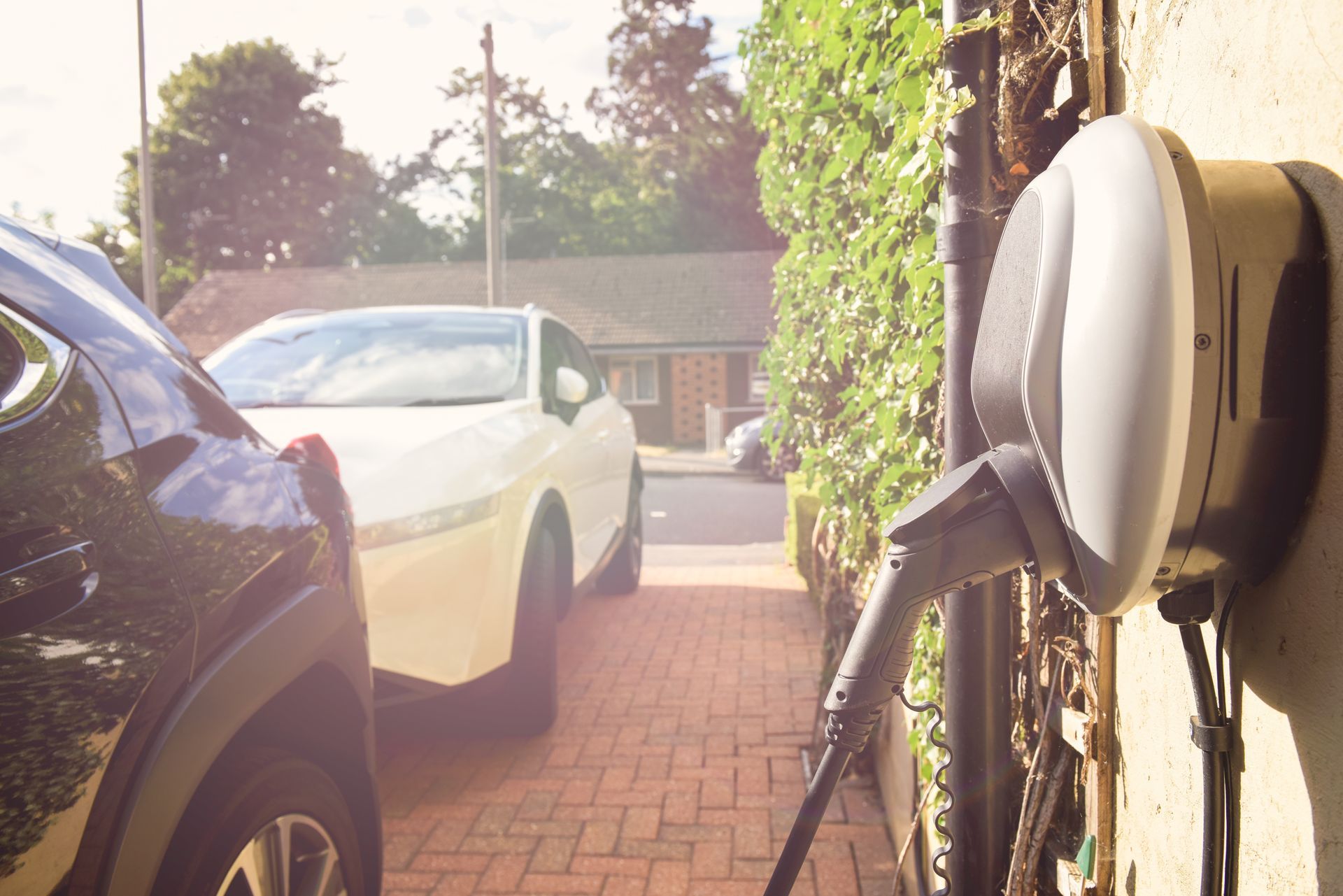 Two cars are parked in a driveway next to a charging station.