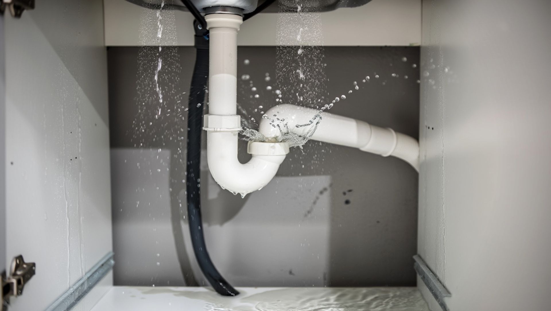 Close-up of a damaged and leaking sink pipe.
