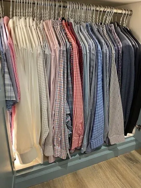 A bunch of shirts are hanging on a rack in a closet.