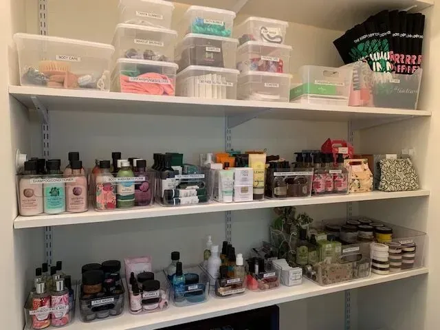 A pantry filled with lots of different types of cosmetics.