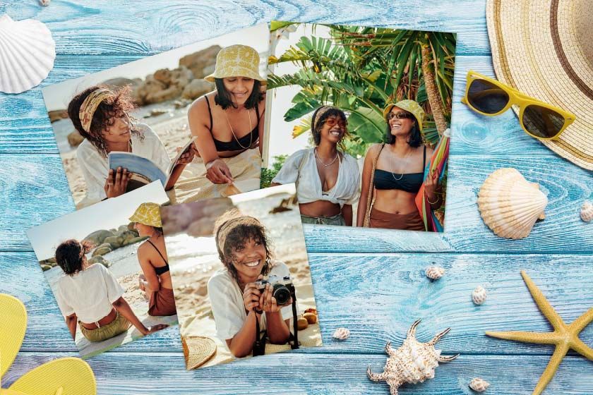 Vases with a plant in it next to pictures of people on the beach
