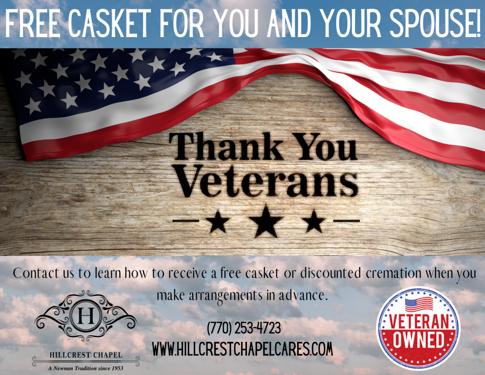 Advertisement for Hillcrest Chapel offering veterans and their spouses a free casket when making plans in advance.