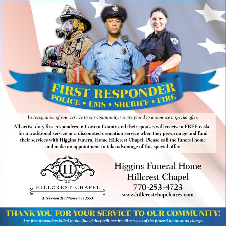 Flyer for Higgins Funeral Home offering free caskets or discounted services to Coweta County first responders.